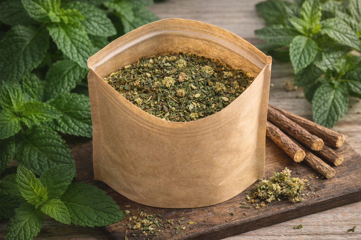 Tisane réglisse-menthe-CBD sachet ouvert