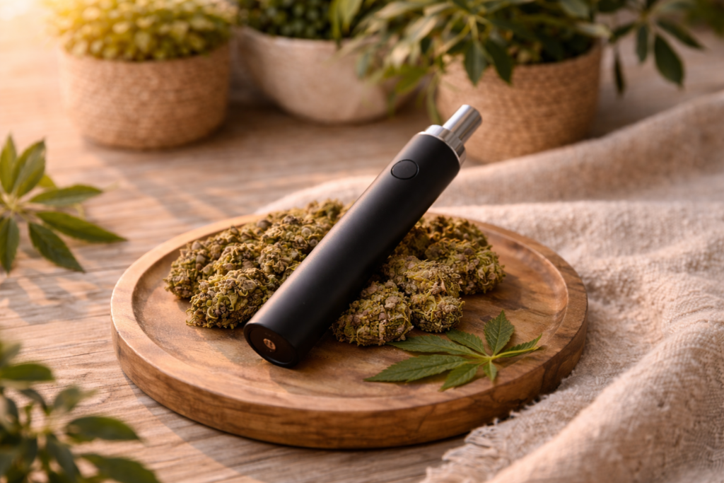 Vaporisateur et fleurs de chanvre CBD sur plateau en bois