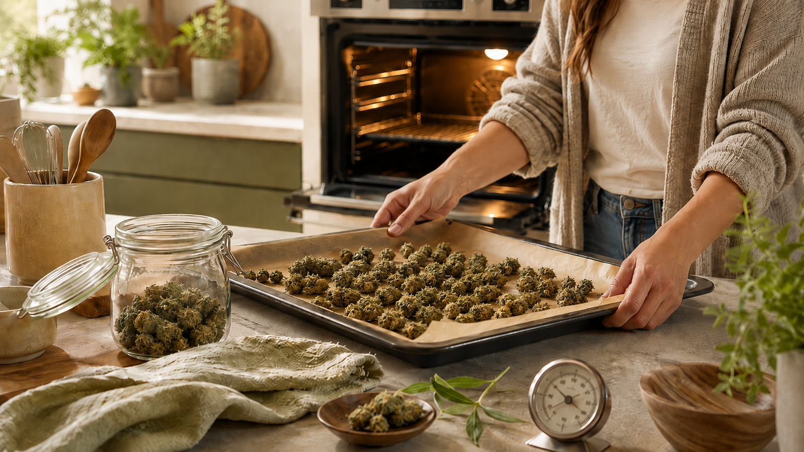 Décarboxylation au four à 110°C : fleur de CBD étalée sur plaque de cuisson, étape clé pour activer le CBDA en CBD avant extraction maison