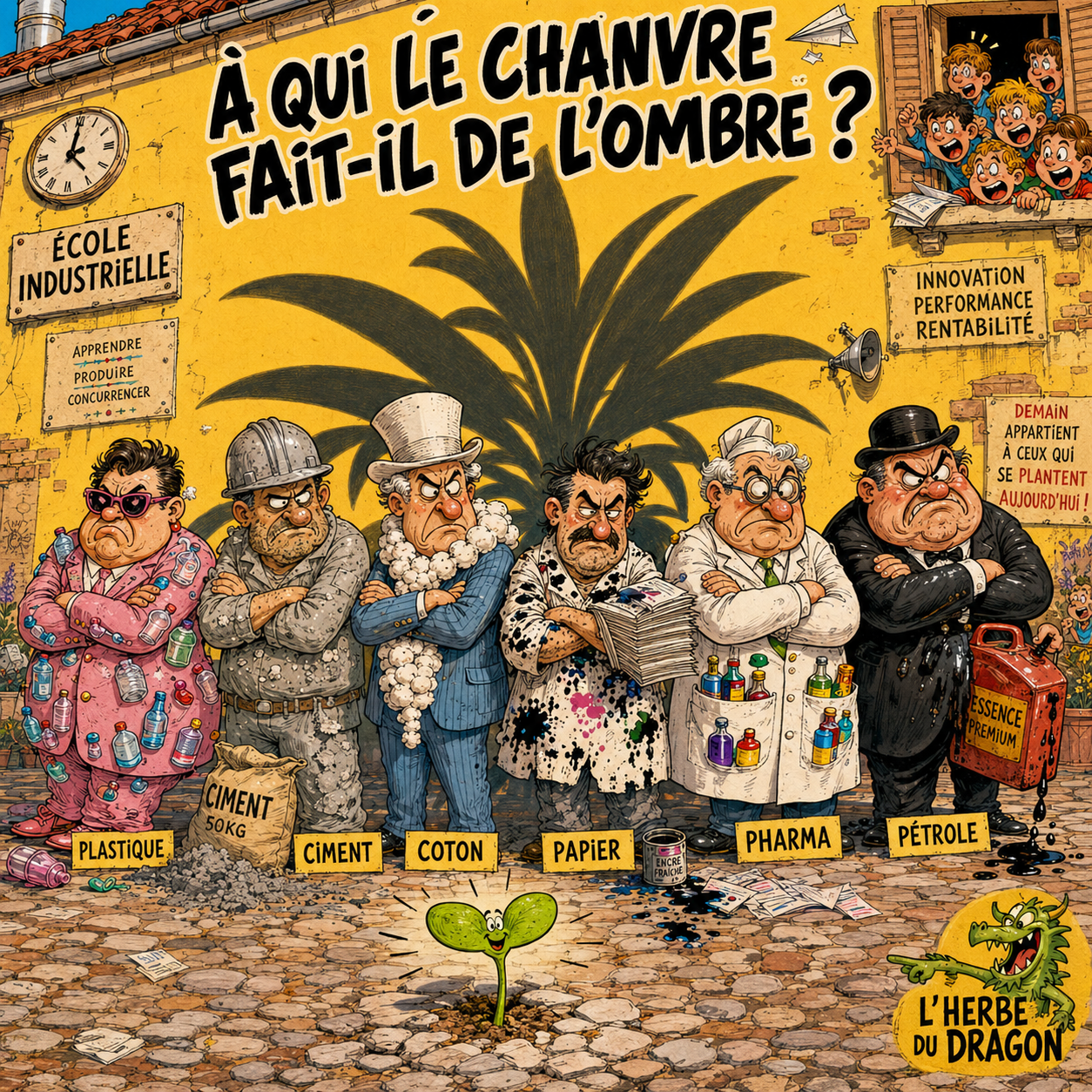 Caricature façon Jacovitti : six industriels (plastique, ciment, coton, papier, pharma, pétrole) regardant de travers une petite pousse de chanvre