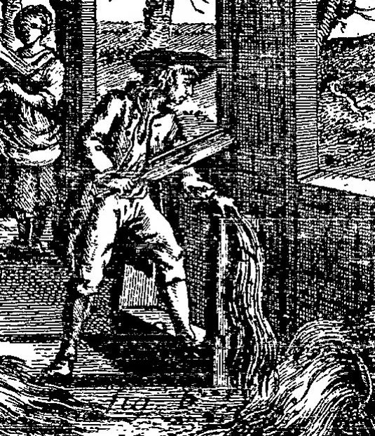 Gravure de l'Encyclopédie de Diderot et d'Alembert : un ouvrier peigne la fibre de chanvre au séran (travail du chanvre, XVIIIe siècle)