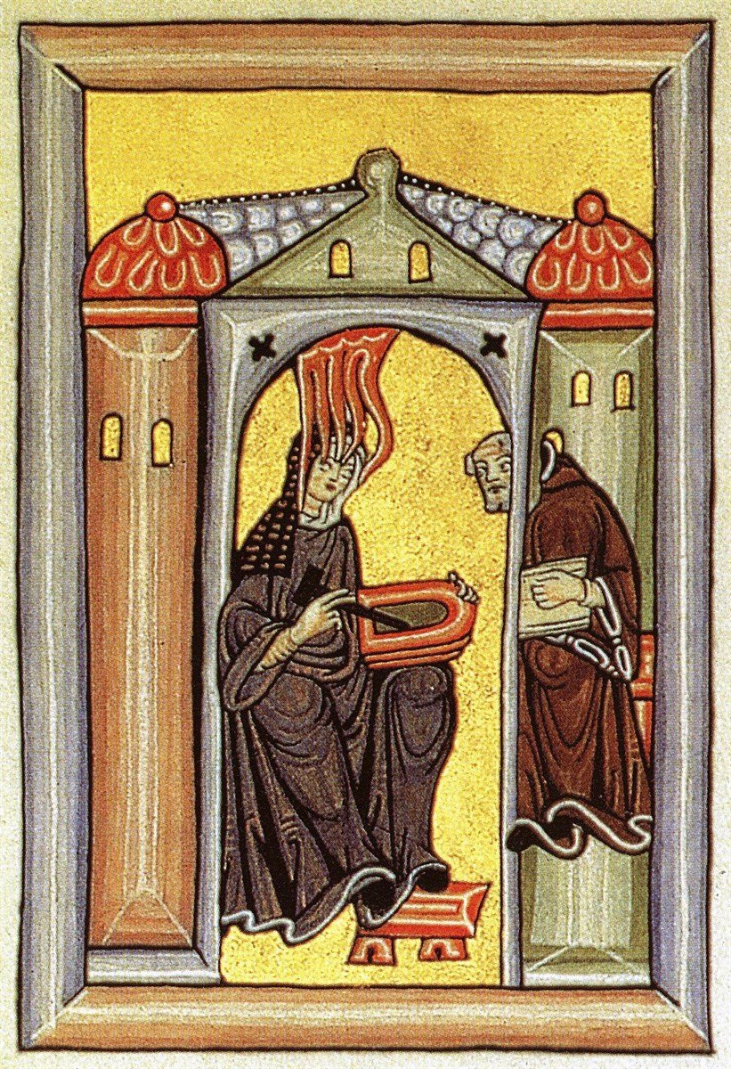 Enluminure médiévale : Hildegarde de Bingen recevant l'inspiration divine et écrivant sur une tablette de cire, avec le moine Volmar à ses côtés