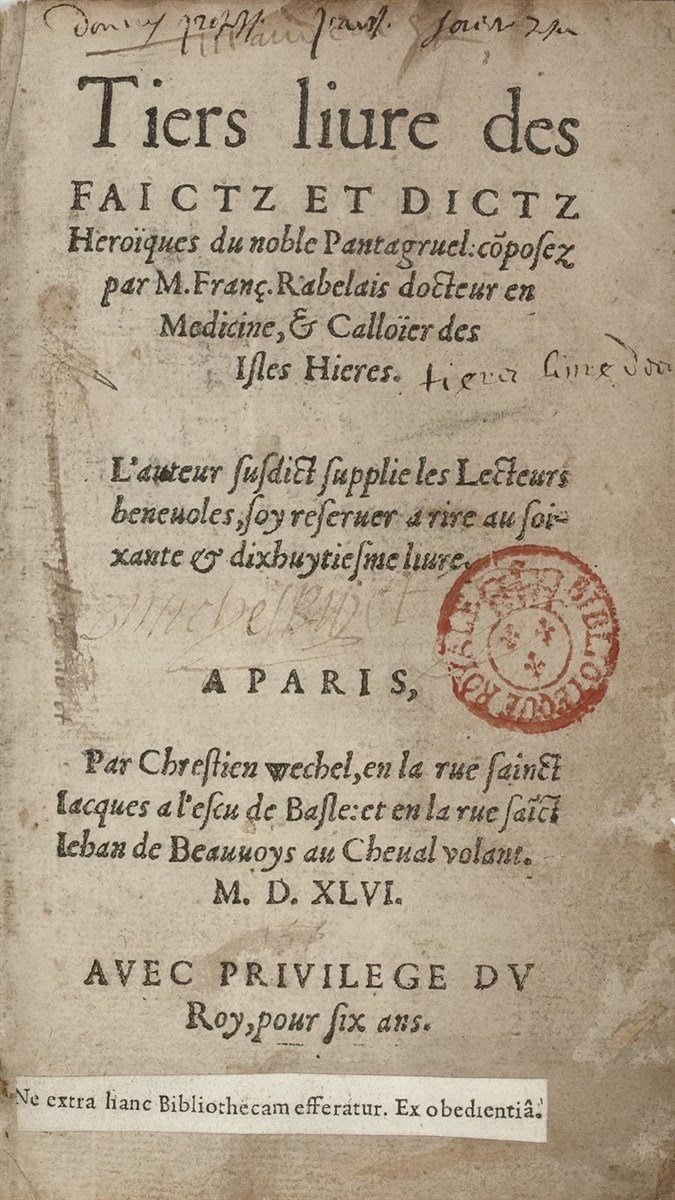 Page de titre du Tiers Livre des faits et dits héroïques du noble Pantagruel, par François Rabelais, imprimé à Paris en 1546