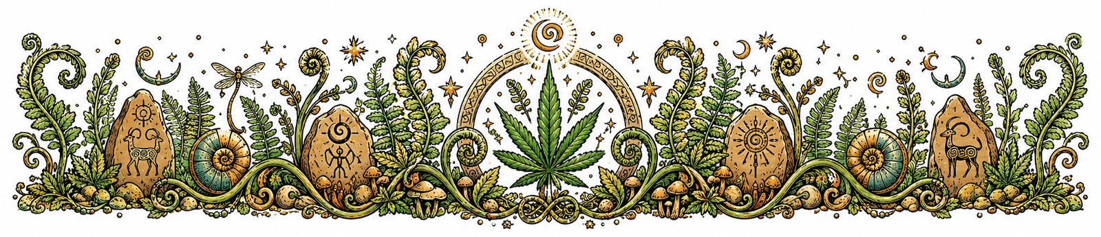 Frise décorative façon enluminure — feuilles de chanvre et fougères, motif des origines préhistoriques et antiques — épisode 1 de la saga du chanvre