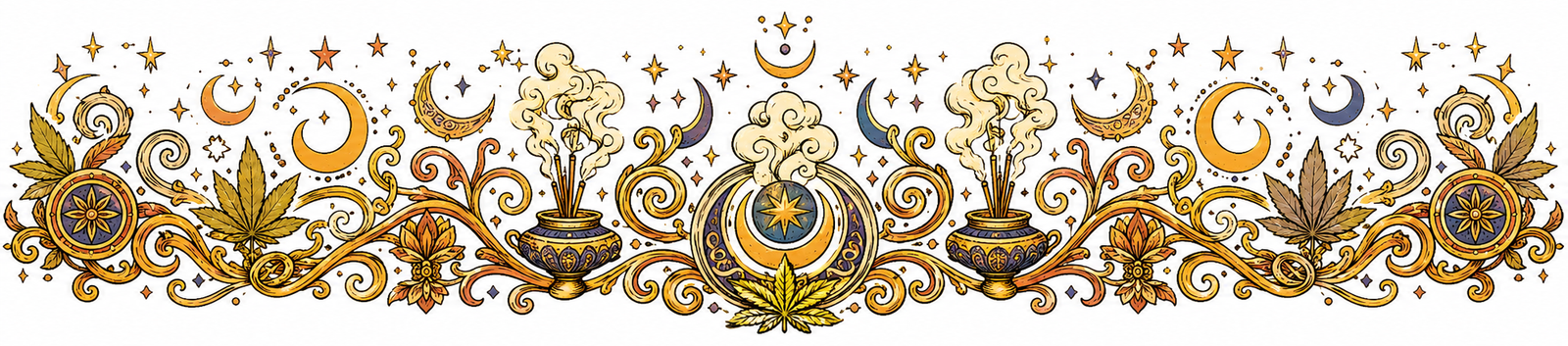 Frise décorative façon Jacovitti — motifs sacrés : brûle-encens fumants, croissants de lune, étoiles et feuilles de chanvre dorées — épisode 2 de la saga