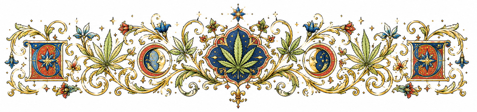 Frise décorative façon enluminure médiévale : lettrines ornées, rinceaux dorés et feuilles de chanvre, entrelacs vermillon, bleu et or — épisode 3 de la saga du chanvre