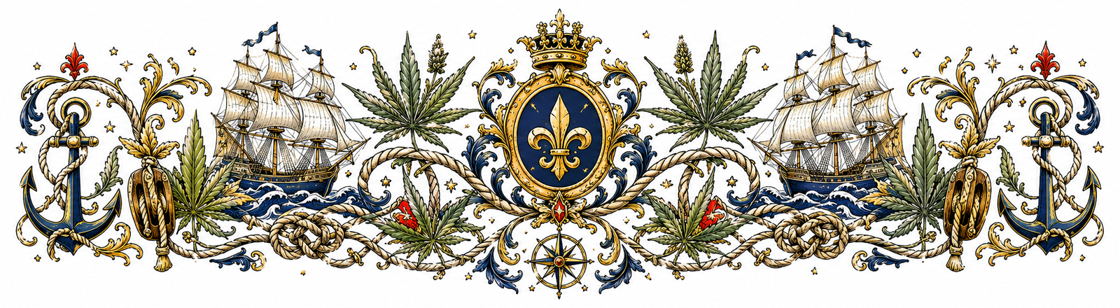 Frise décorative façon gravure ornementale : cordages, nœuds marins, poulies et feuilles de chanvre, bleu marine et or — épisode 4 de la saga du chanvre