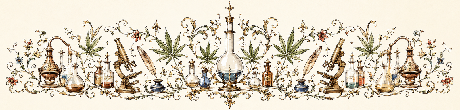 Frise décorative façon gravure scientifique ancienne : fioles, alambics, microscopes en laiton, plumes et feuilles de chanvre — épisode 5 de la saga du chanvre