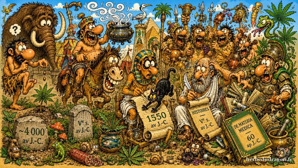 Frise illustrée des origines préhistoriques et antiques du chanvre, style Jacovitti