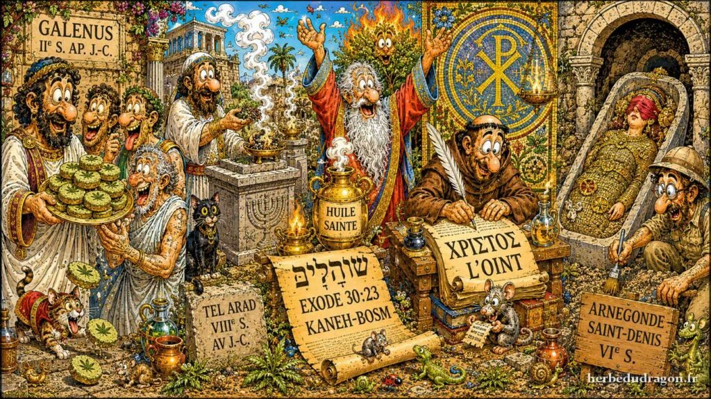 Tableau illustré façon Jacovitti — le chanvre dans le sacré, de l'Antiquité au haut Moyen Âge — image à la une de l'épisode 2 de la saga