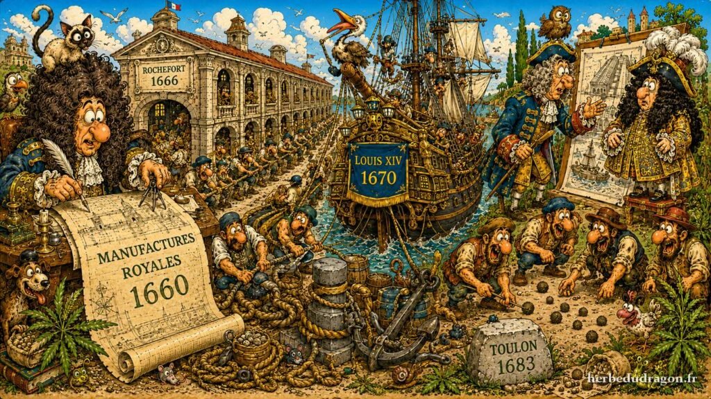 Tableau illustré façon Jacovitti — l'âge d'or maritime du chanvre : Colbert, vaisseaux du Roi-Soleil, corderies royales de Brest, Rochefort et Toulon