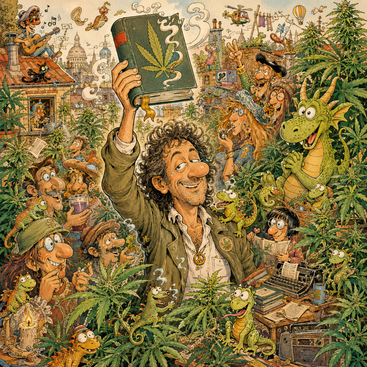 Illustration humoristique façon Jacovitti : un écrivain-militant brandissant un livre à feuille de chanvre, entouré de petits lézards et d'un dragon vert