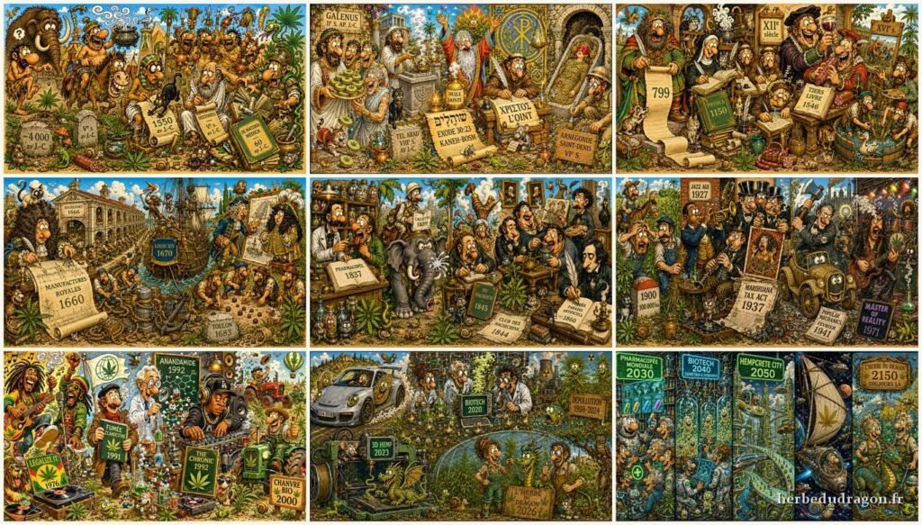 Fresque chronologique du chanvre en 9 tableaux style Jacovitti : préhistoire, antiquité, Moyen Âge, marine royale, XIXe siècle, déclin, musique, renaissance et futur