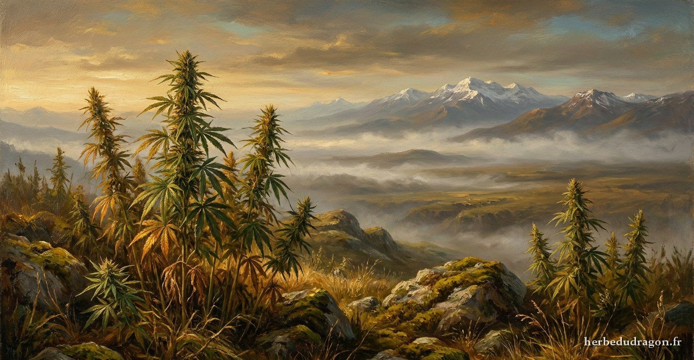 Peinture atmosphérique : chanvre sauvage sur le plateau tibétain à l'aube, sommets himalayens et brume, évoquant les origines préhistoriques de la plante