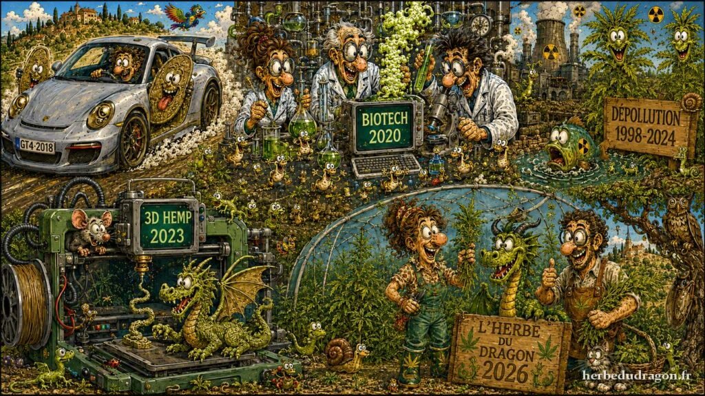 Fresque illustrée façon Jacovitti : renaissance contemporaine du chanvre — voiture composite, biotechnologies, impression 3D, dépollution des sols et mascotte dragon de L'Herbe du Dragon